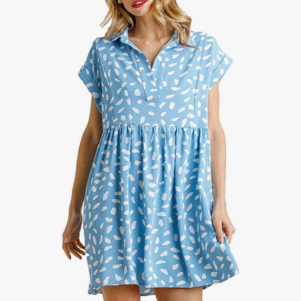 Umgee Womens Dalmatian Print, Folded Sleeve, Collared Babydoll Dress. Size L.